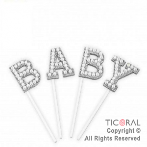 Cake topper BABY con perlas plata X 1
